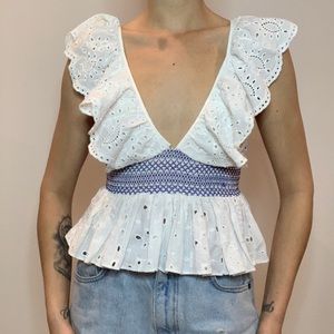 ZARA DEEP V EYELET RUFFLED TOP